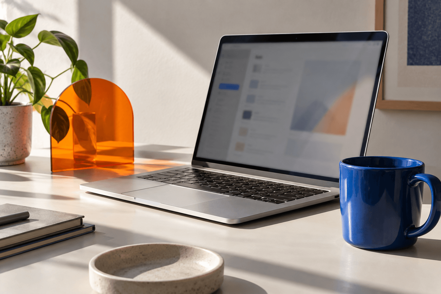 A sunlit small-business workspace with a laptop and a blue coffee mug